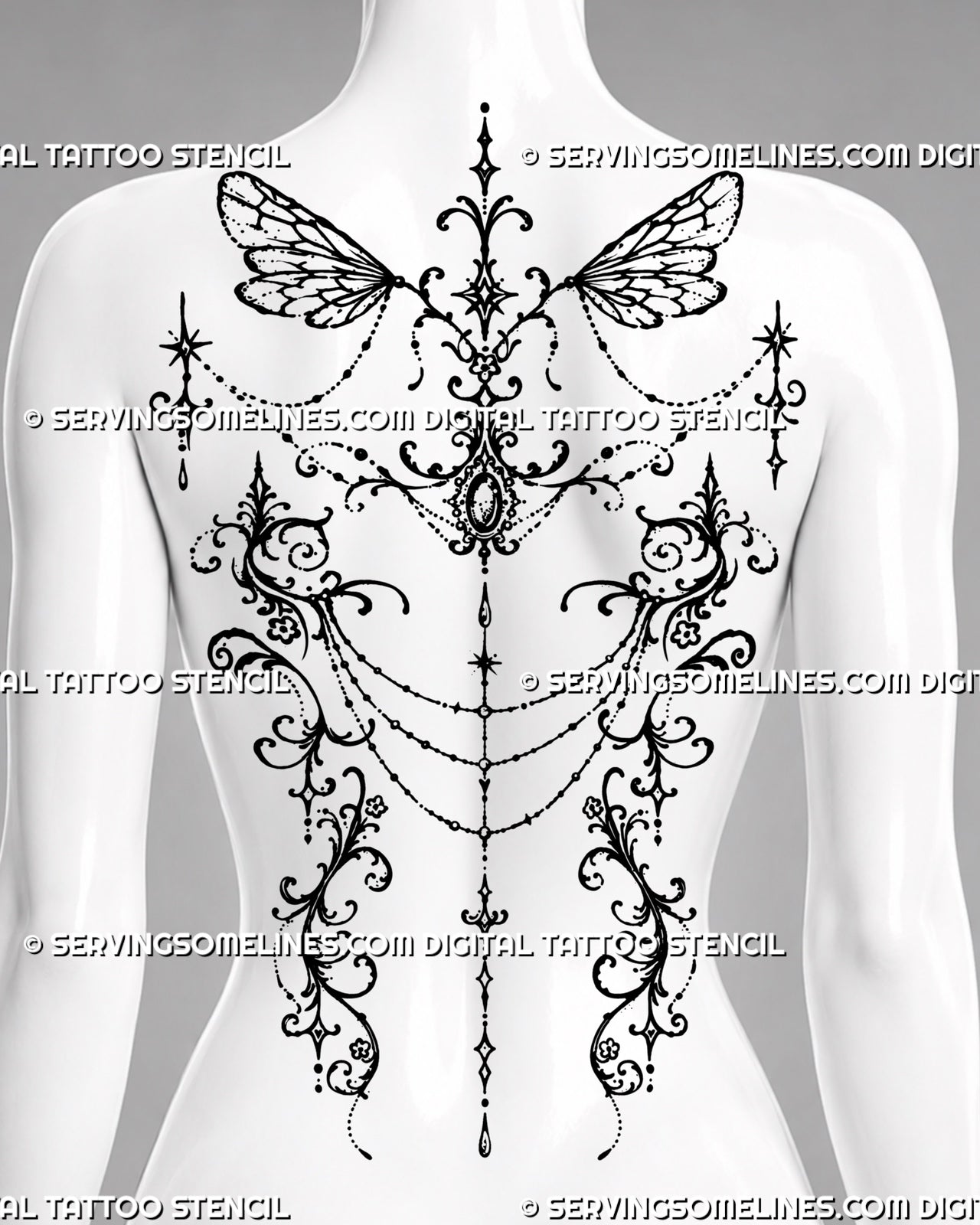 Feminine ornamental back tattoo shown as a women’s backpiece with gothic fairy wings, symmetrical filigree, draped chains, jewel details, and pendant accents