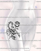 Feminine scorpion rose tattoo displayed on women's hip placement, with shaded rose bloom, dark leaves, and sharp scorpion detail