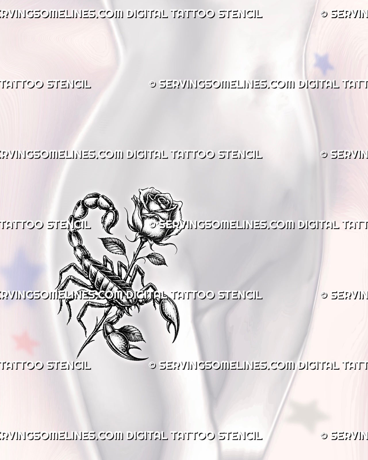 Feminine scorpion rose tattoo displayed on women's hip placement, with shaded rose bloom, dark leaves, and sharp scorpion detail