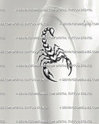 Feminine scorpion tattoo shown on women’s hip placement, with a raised stinger, heart body plates, and slim gothic curves