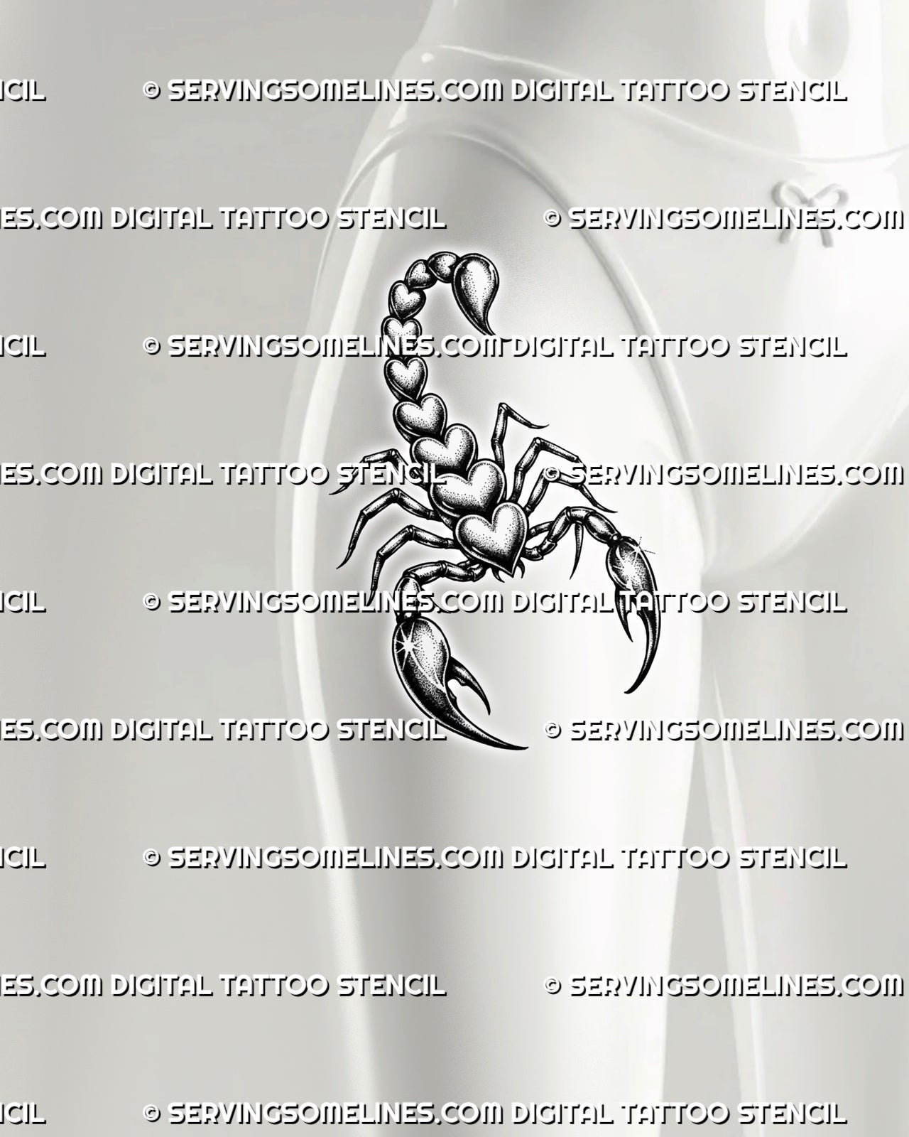 Feminine scorpion tattoo shown on women’s hip placement, with a raised stinger, heart body plates, and slim gothic curves