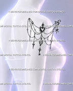 Feminine shoulder jewelry tattoo flowing onto the upper arm with hand-drawn chains, gothic charms, flaming heart, safety pin, bow, and antique key details