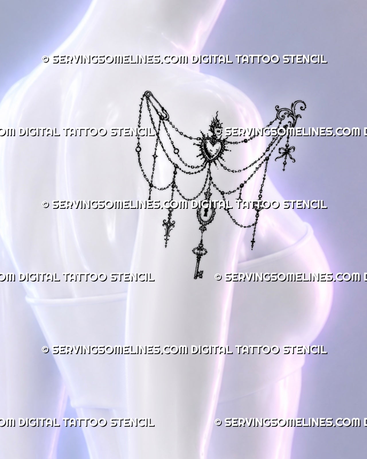 Feminine shoulder jewelry tattoo flowing onto the upper arm with hand-drawn chains, gothic charms, flaming heart, safety pin, bow, and antique key details