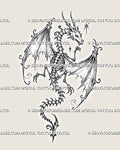 Feminine skeleton dragon tattoo stencil with a horned skull, exposed ribs, wide skeletal wings, curved tail, stars, and delicate dark-fantasy details