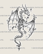 Feminine skeleton dragon tattoo stencil with a horned skull, exposed ribs, wide skeletal wings, curved tail, stars, and delicate dark-fantasy details
