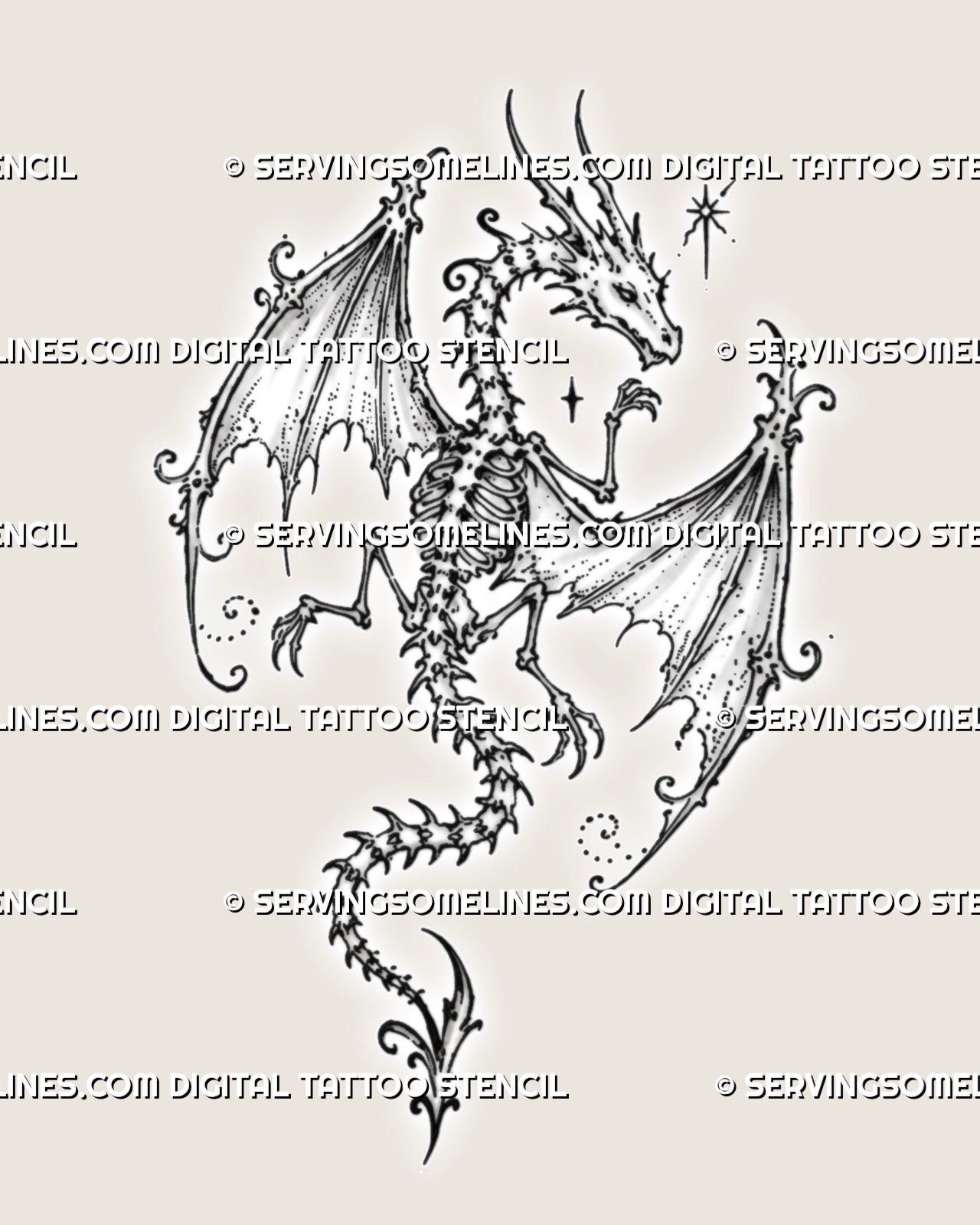 Feminine skeleton dragon tattoo stencil with a horned skull, exposed ribs, wide skeletal wings, curved tail, stars, and delicate dark-fantasy details