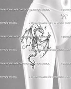 Feminine skeleton dragon tattoo shown on a woman’s thigh with a full winged skeleton, visible ribcage, clawed limbs, curved tail, and delicate fantasy accents