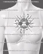 Feminine sun goddess tattoo shown at the center of a woman’s chest with an ornamental sun face, baroque flourishes, and vertical pointed rays
