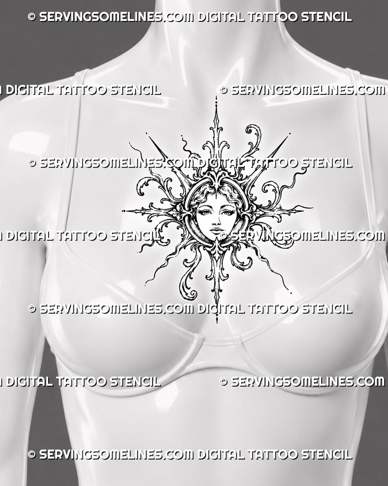 Feminine sun goddess tattoo shown at the center of a woman’s chest with an ornamental sun face, baroque flourishes, and vertical pointed rays