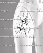 Feminine swallow tattoo shown on a woman’s front thigh with two flying swallows, fine stars, stippled feathers, forked tails, and ornamental curves