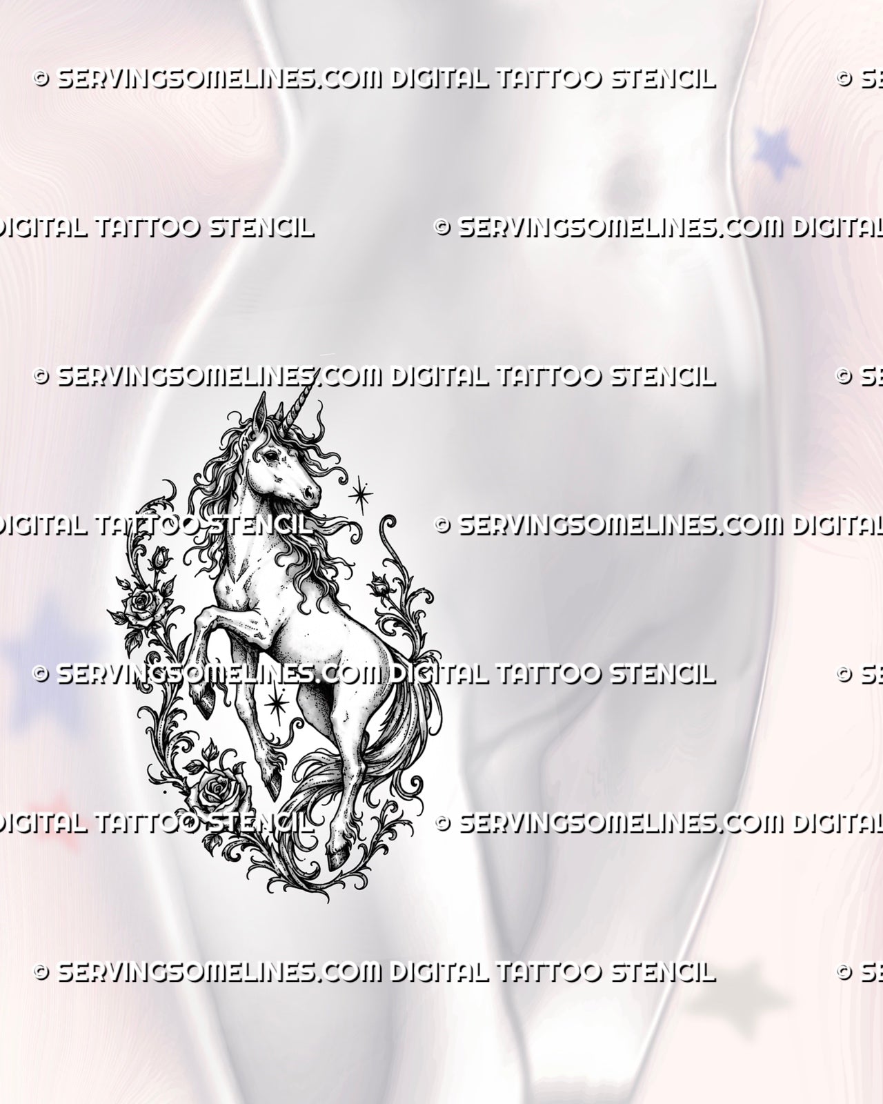 Feminine unicorn flower tattoo stencil shown on women’s hip with roses, full-body rearing unicorn, ornamental floral frame, and graceful fantasy detail