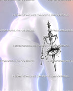 Feminine witchy sword tattoo shown on a woman’s upper outer arm with detailed eye, celestial moon charm, stars, tear, and ornate hilt