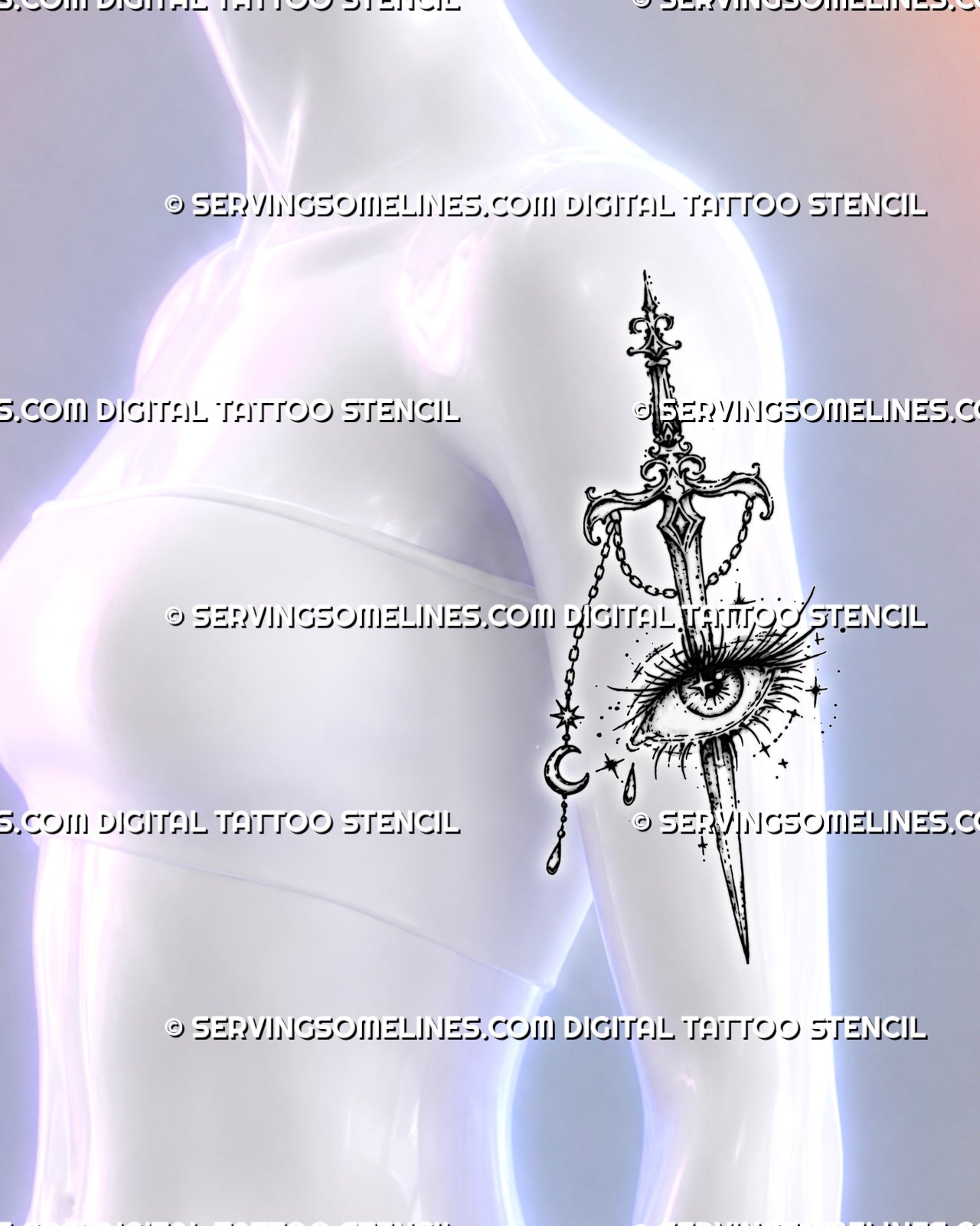 Feminine witchy sword tattoo shown on a woman’s upper outer arm with detailed eye, celestial moon charm, stars, tear, and ornate hilt