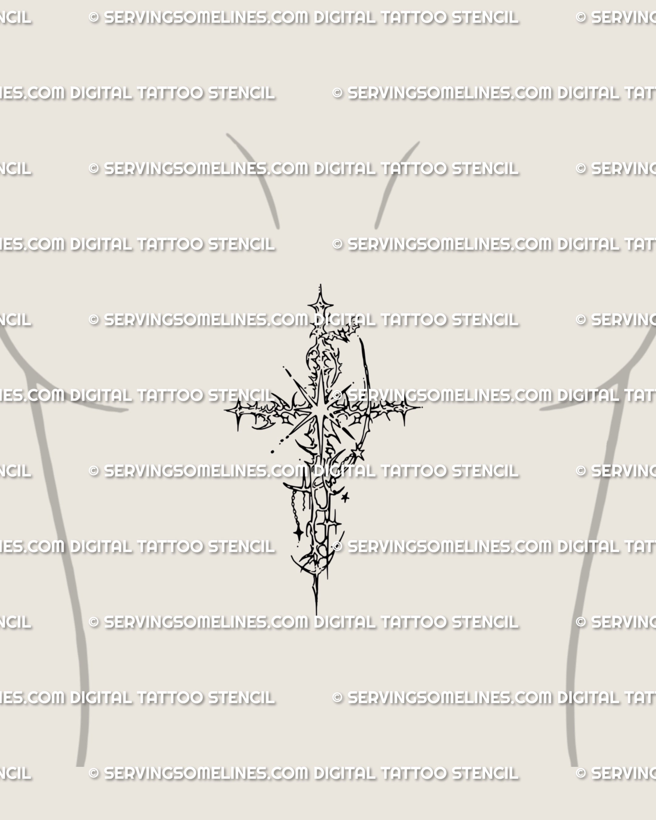 Feminine cross tattoo stencil for sternum, ornamental neotribal geometry with cyber sigilism flow, dramatic yet elegant gothic design.