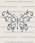 Filigree butterfly tattoo stencil with symmetrical acanthus scrollwork wings, curved antennae, bead accents, and a hanging jewel pendant