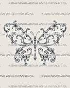 Filigree butterfly tattoo stencil with symmetrical acanthus scrollwork wings, curved antennae, bead accents, and a hanging jewel pendant