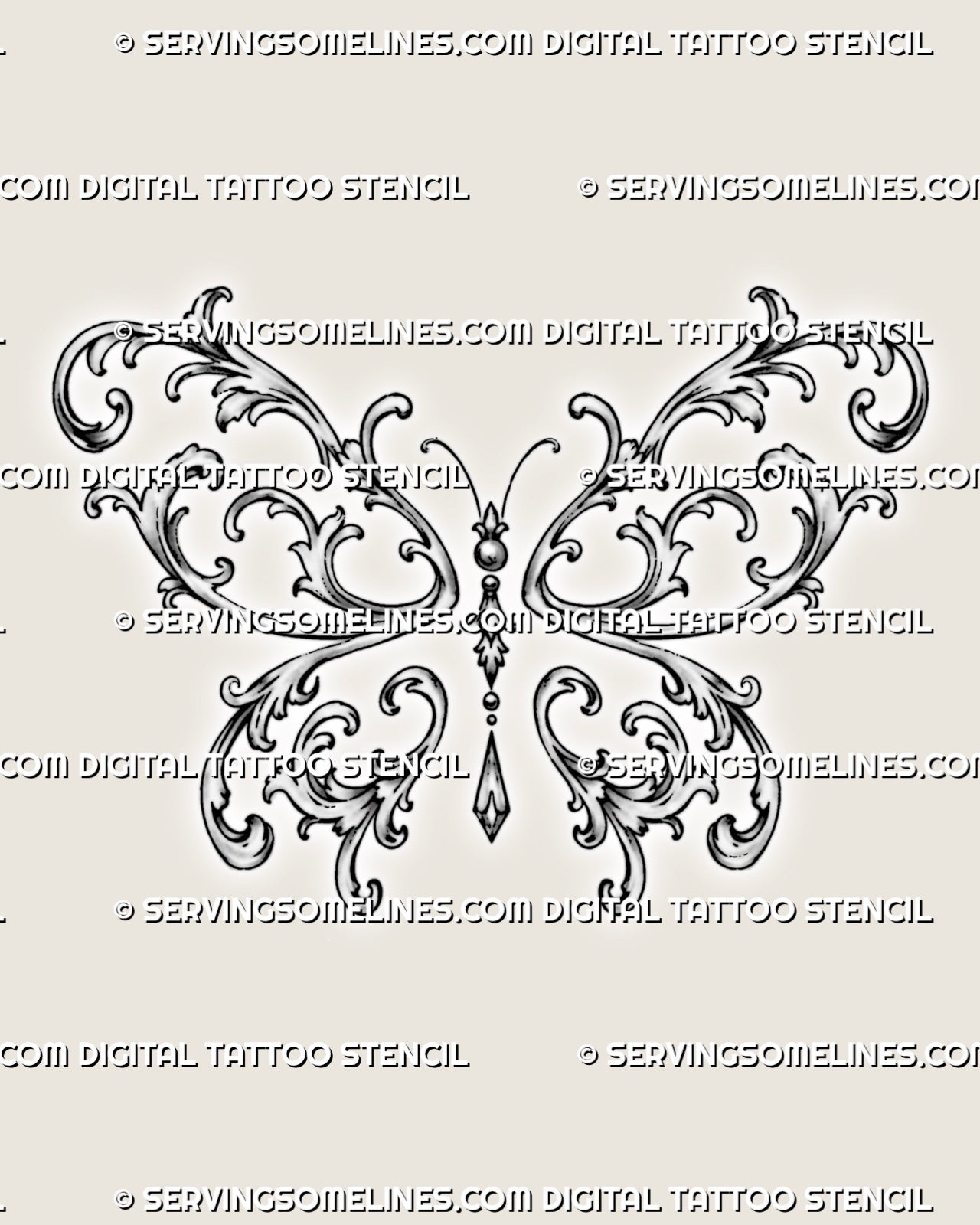 Filigree butterfly tattoo stencil with symmetrical acanthus scrollwork wings, curved antennae, bead accents, and a hanging jewel pendant