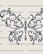 Close detail of a filigree butterfly tattoo stencil showing acanthus leaves, open spiral scrollwork, bead ornaments, and a faceted pendant