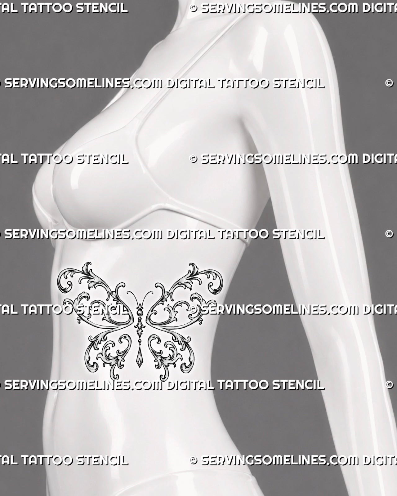 Filigree butterfly tattoo shown on a woman’s side body with flowing botanical scrollwork, ornate wings, and jewelry-inspired details