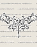 Filigree dragonfly tattoo stencil with symmetrical acanthus wings, curling baroque scrollwork, a segmented body, bead accents, and a hanging jewel pendant
