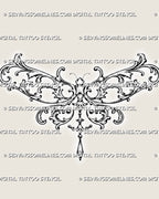 Filigree dragonfly tattoo stencil with symmetrical acanthus wings, curling baroque scrollwork, a segmented body, bead accents, and a hanging jewel pendant
