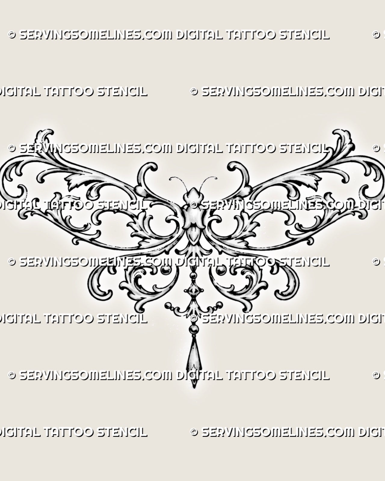 Filigree dragonfly tattoo stencil with symmetrical acanthus wings, curling baroque scrollwork, a segmented body, bead accents, and a hanging jewel pendant