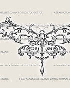 Close detail of a filigree dragonfly tattoo stencil showing acanthus leaves, spiral wing curls, segmented body details, bead accents, and a tapered pendant