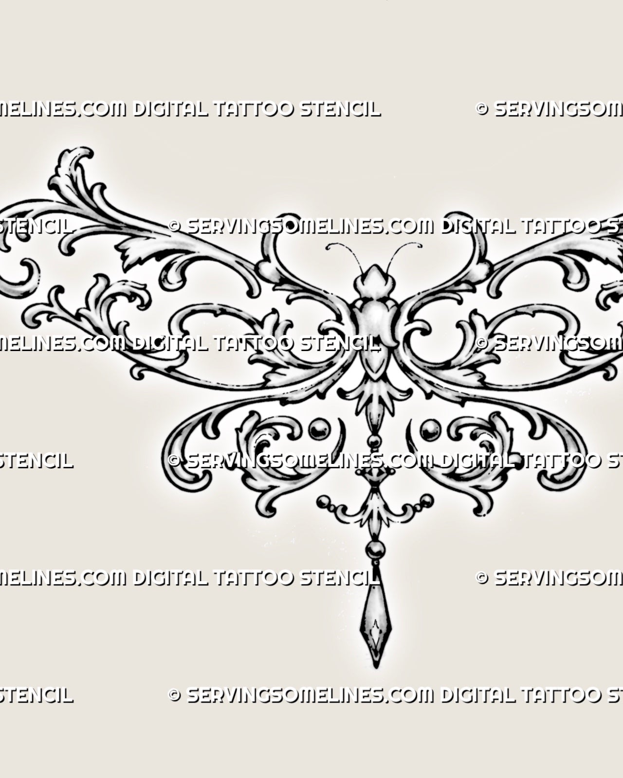 Close detail of a filigree dragonfly tattoo stencil showing acanthus leaves, spiral wing curls, segmented body details, bead accents, and a tapered pendant