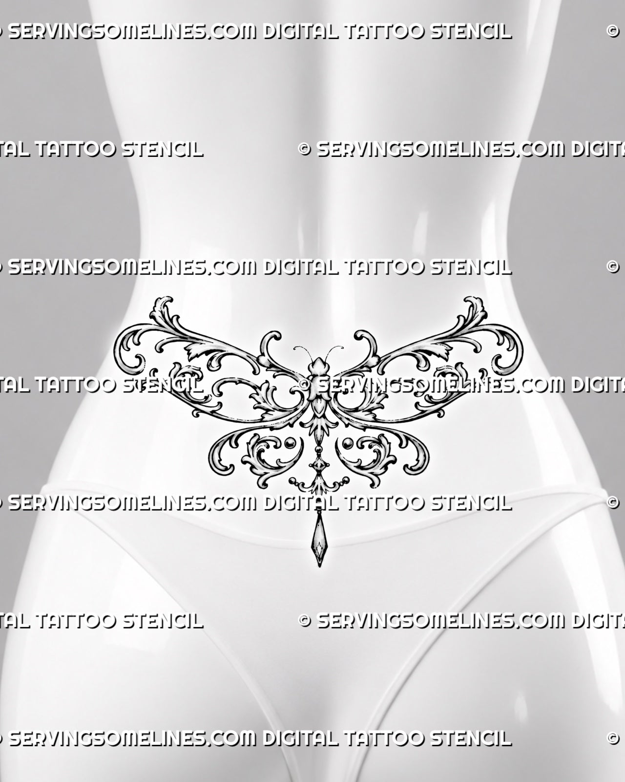 Filigree dragonfly tattoo shown across a woman’s lower back and waist with symmetrical baroque wings and a hanging ornament aligned at the center