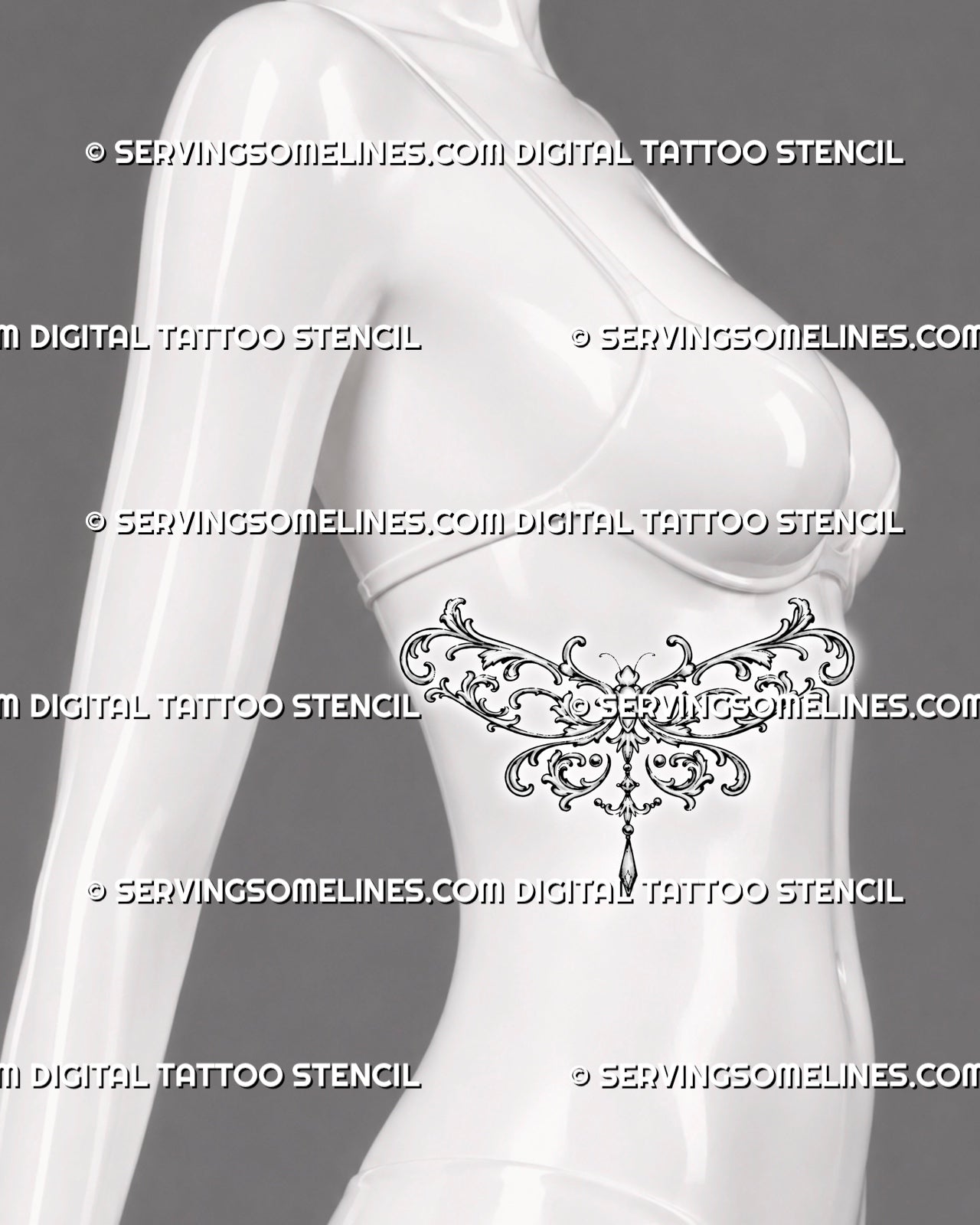 Filigree dragonfly tattoo shown on a woman’s ribs with sweeping baroque scrollwork, curved botanical wings, and an elongated jewel ornament below the body