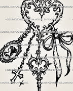 Close-up of filigree heart trinket tattoo details showing a cameo pendant, beaded cross, ribbon bow, antique key, chains, and ornamental scrollwork