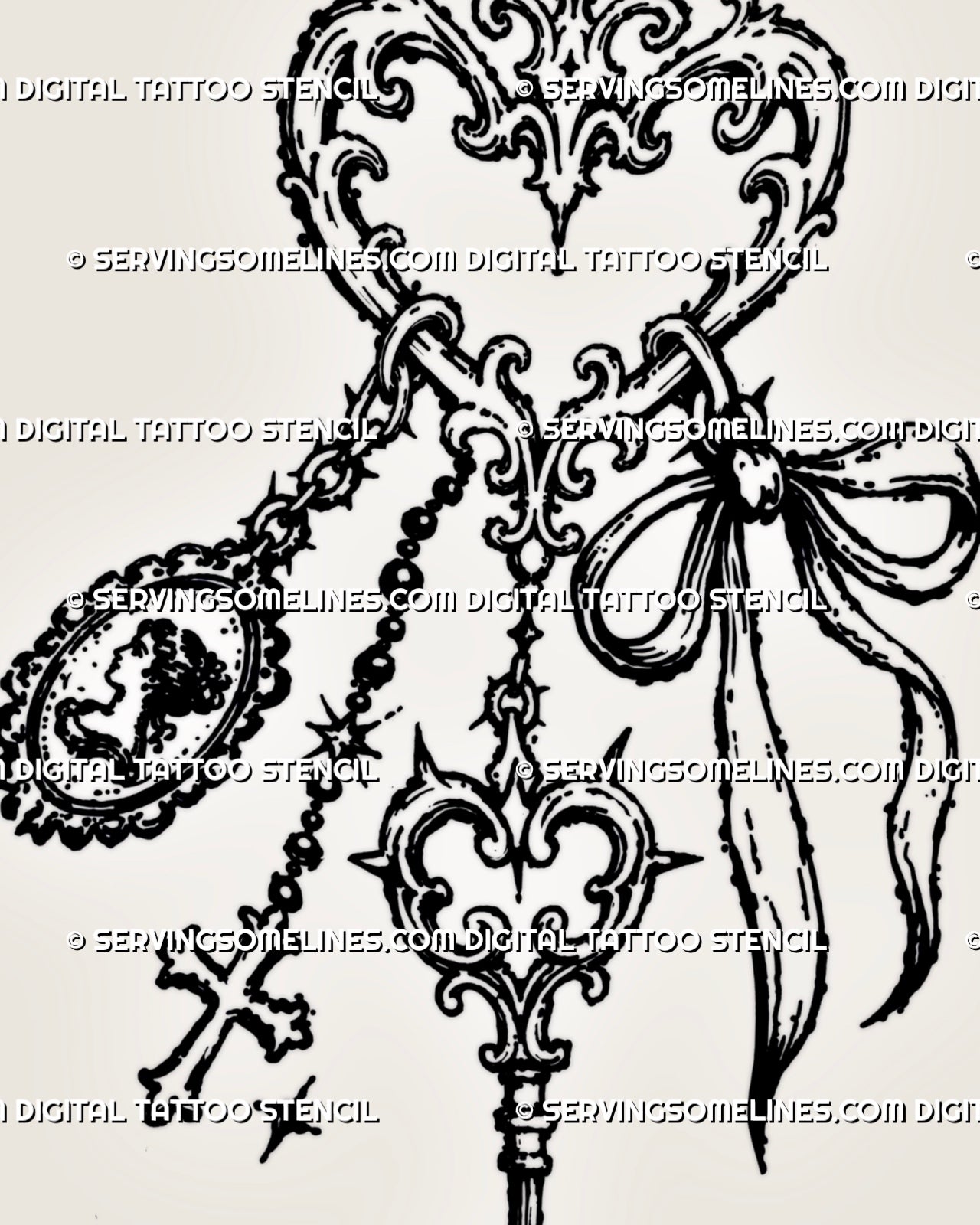 Close-up of filigree heart trinket tattoo details showing a cameo pendant, beaded cross, ribbon bow, antique key, chains, and ornamental scrollwork