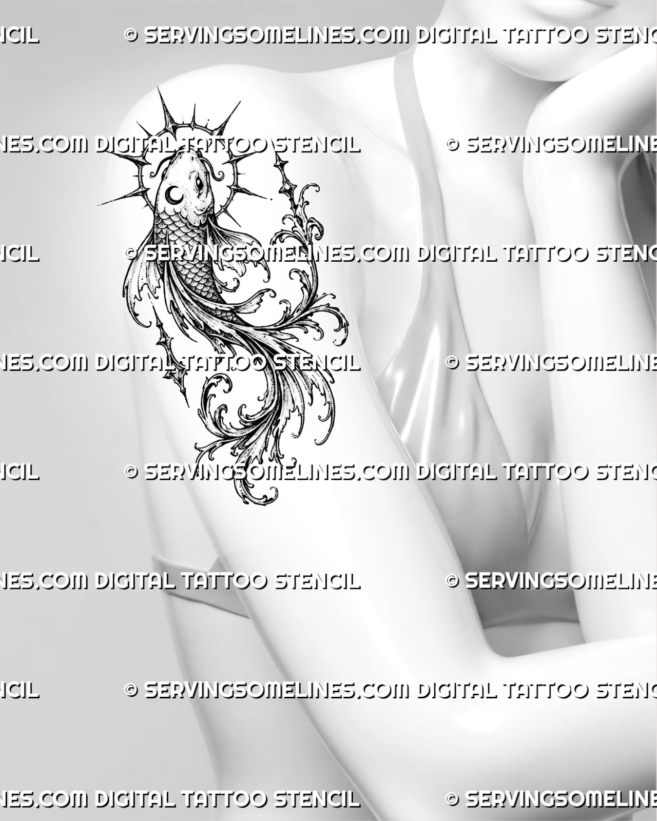 Filigree koi fish tattoo shown on women’s upper arm with layered scales, long pointed fins, crescent imagery, fine stippling, and curling gothic ornament