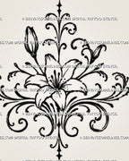 Filigree lily hand tattoo design featuring curved petals, visible stamens, two closed buds, symmetrical scrollwork, and decorative pointed flourishes