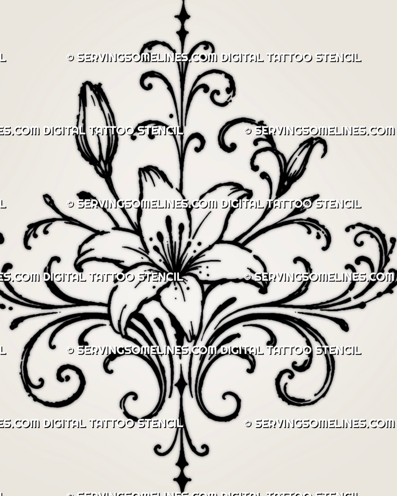 Filigree lily hand tattoo design featuring curved petals, visible stamens, two closed buds, symmetrical scrollwork, and decorative pointed flourishes