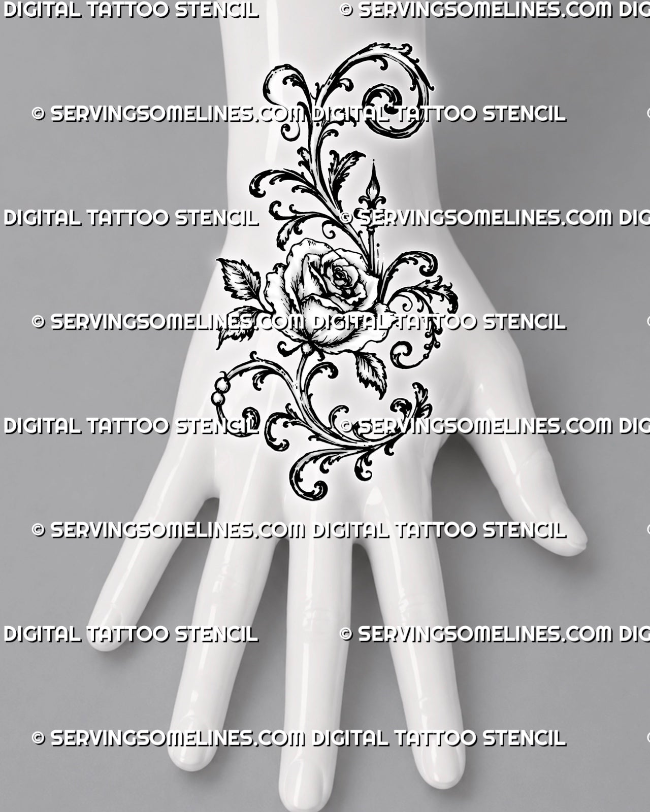 Filigree rose tattoo shown on the back of the hand with layered petals, decorative curls, acanthus-style leaves, and ornament extending toward the wrist
