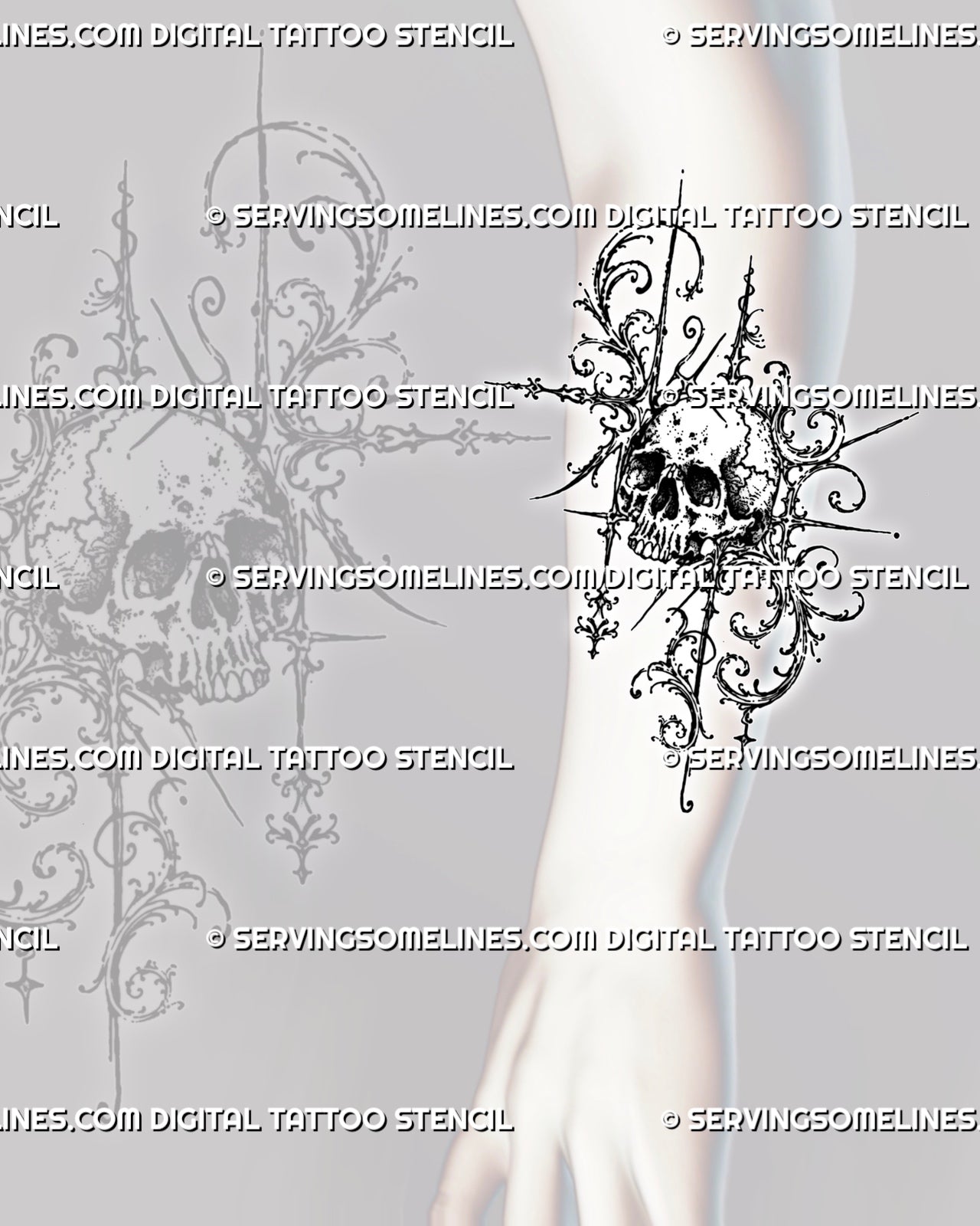 Filigree skull tattoo shown on the forearm with a detailed skull, curling baroque scrollwork, hanging ornamental accents, and elongated spear-like points