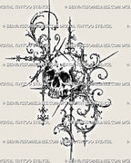 Filigree skull tattoo stencil with a detailed skull, dark eye sockets, cracked bone texture, acanthus scrollwork, hanging diamond ornaments, and spear-like accents