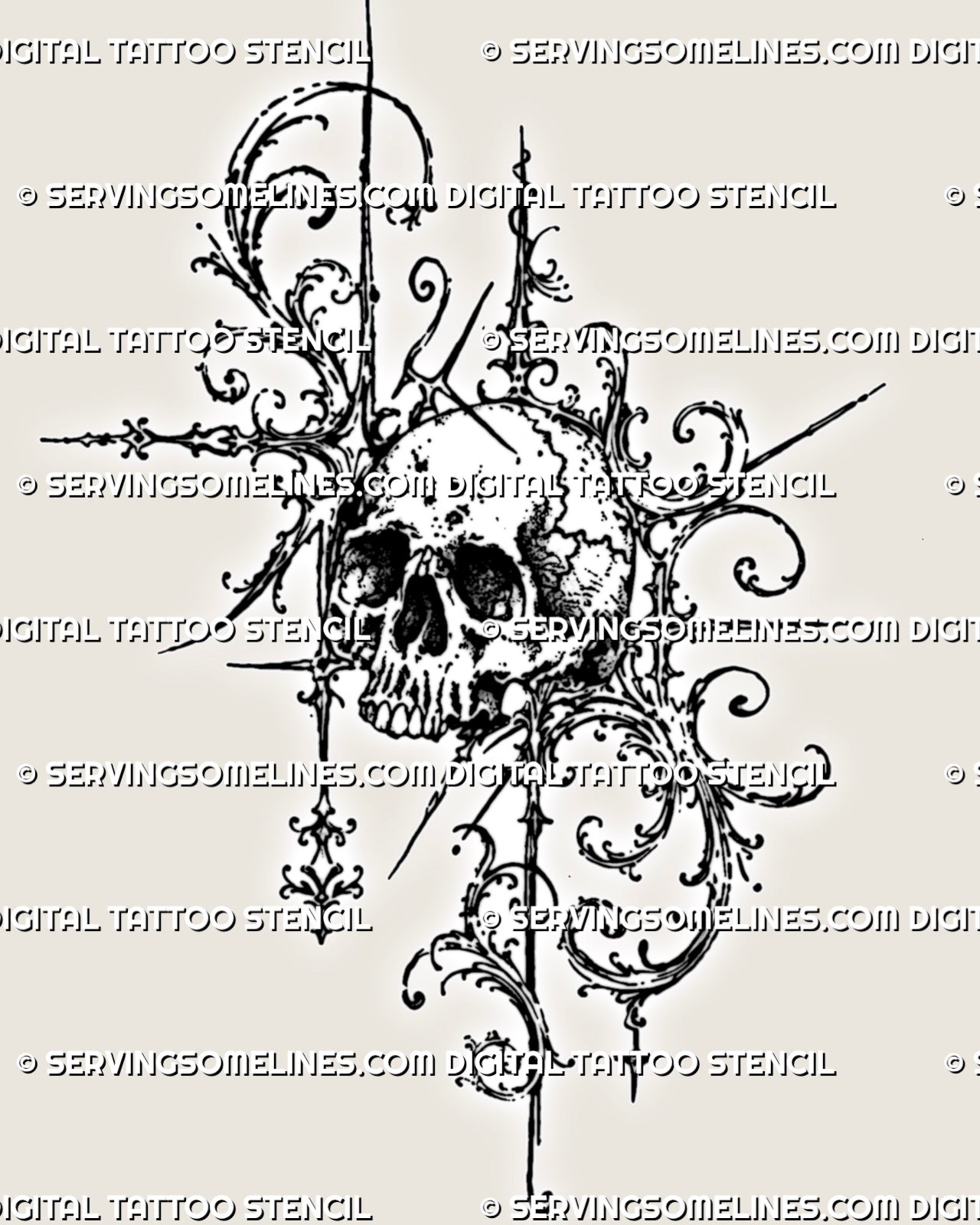 Filigree skull tattoo stencil with a detailed skull, dark eye sockets, cracked bone texture, acanthus scrollwork, hanging diamond ornaments, and spear-like accents