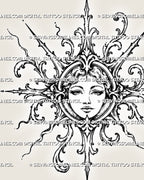 Close detail of a filigree sun goddess tattoo stencil showing expressive facial features, stippled shading, ornate scrollwork, and pointed solar rays