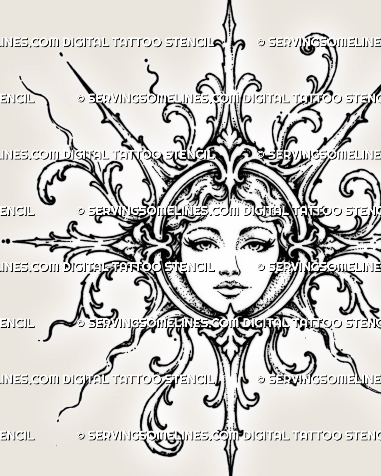 Close detail of a filigree sun goddess tattoo stencil showing expressive facial features, stippled shading, ornate scrollwork, and pointed solar rays