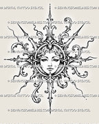 Filigree sun goddess tattoo stencil with a feminine sun face, circular solar medallion, baroque acanthus scrollwork, and long pointed rays