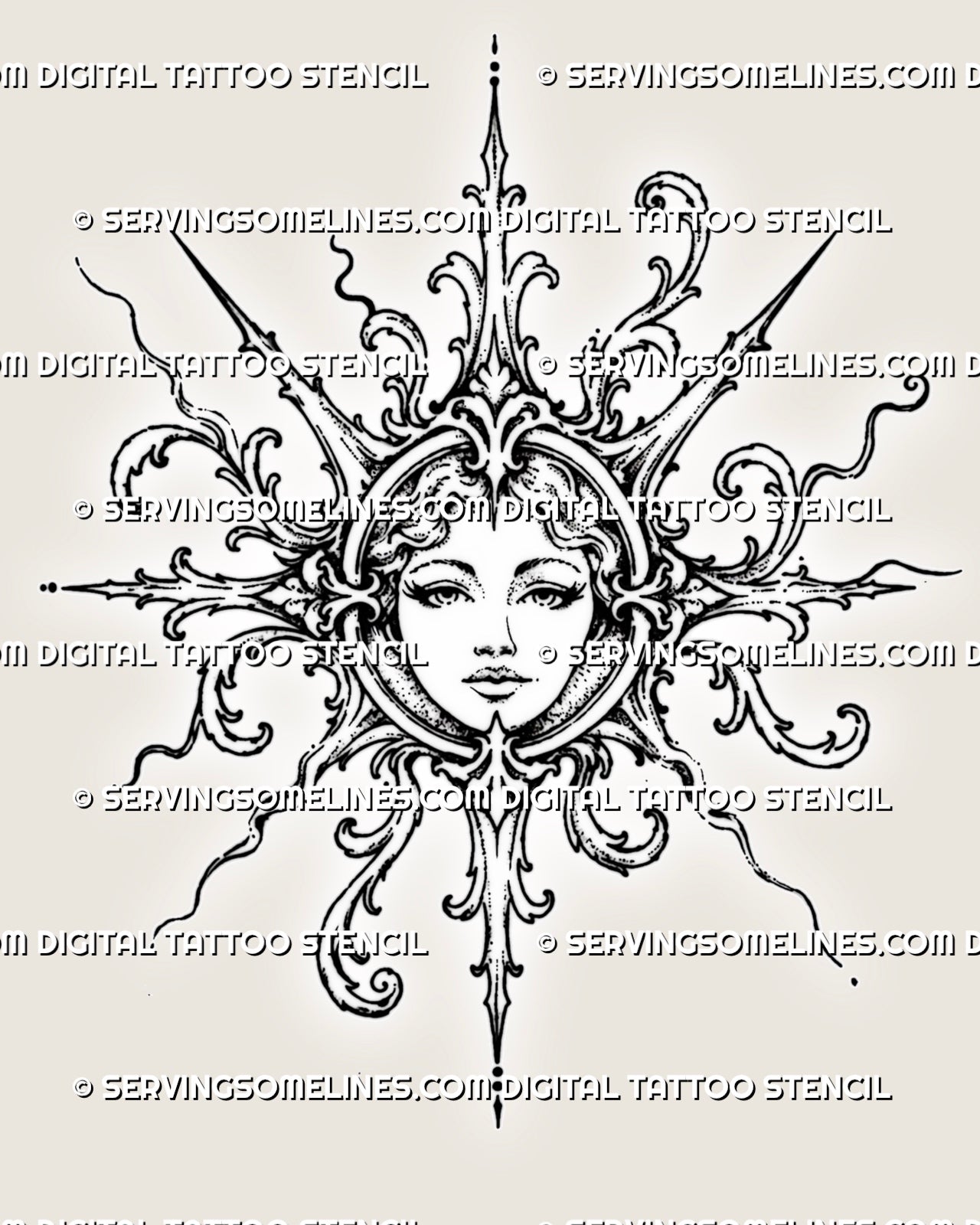 Filigree sun goddess tattoo stencil with a feminine sun face, circular solar medallion, baroque acanthus scrollwork, and long pointed rays