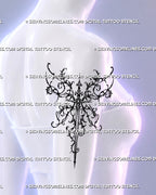 Upper-arm tattoo placement preview on a woman, showing an ornate sword framed by leafy filigree, pointed curls and open spaces. 