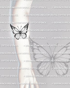 Fine line butterfly tattoo stencil shown on forearm placement with bold wing outline, dot shading, and clean centered shape
