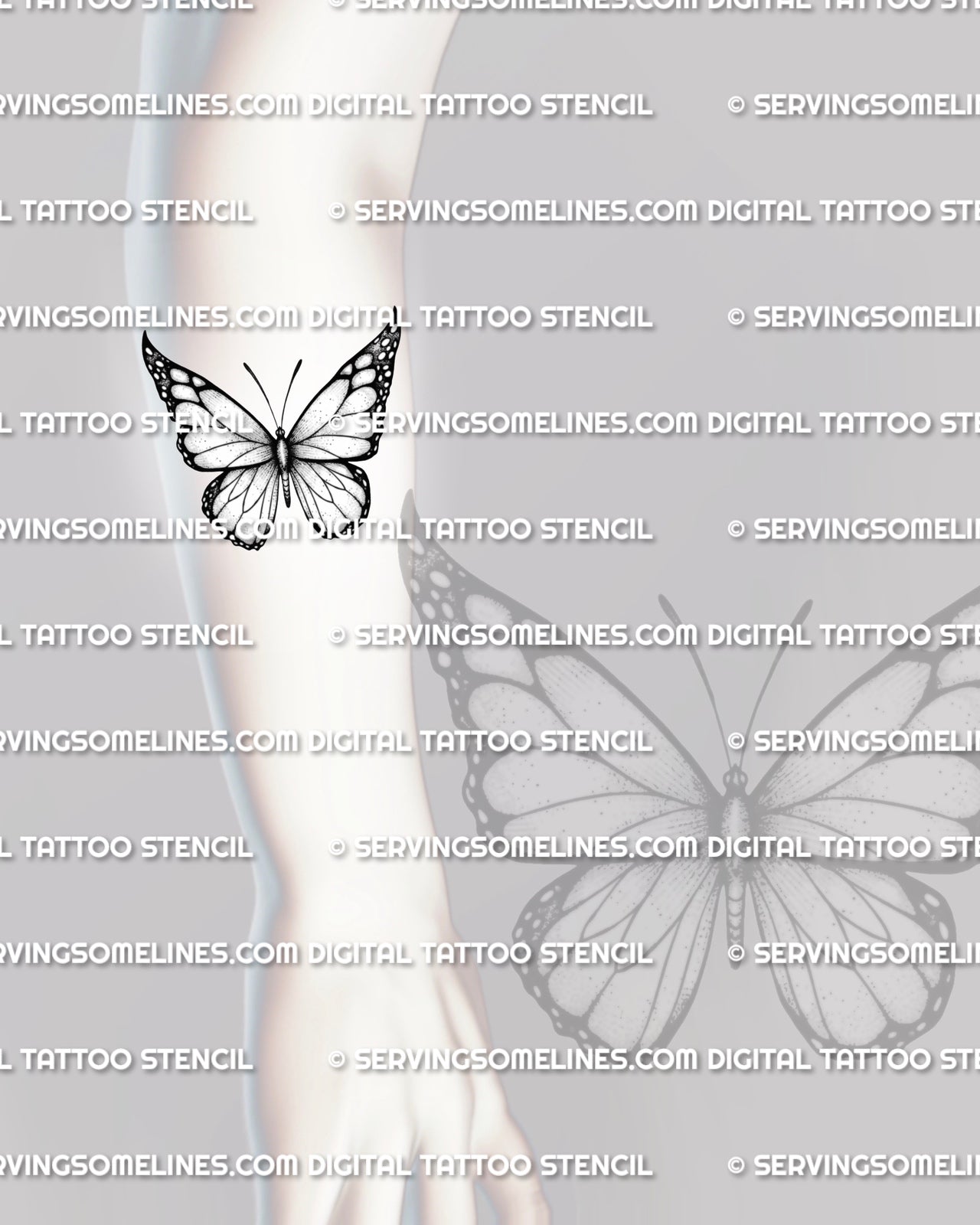 Fine line butterfly tattoo stencil shown on forearm placement with bold wing outline, dot shading, and clean centered shape