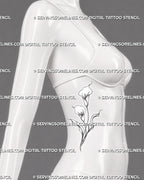 Fine line calla lily tattoo shown on women’s side ribs with two elegant blooms, long curved stems, pointed leaves, and delicate botanical shading