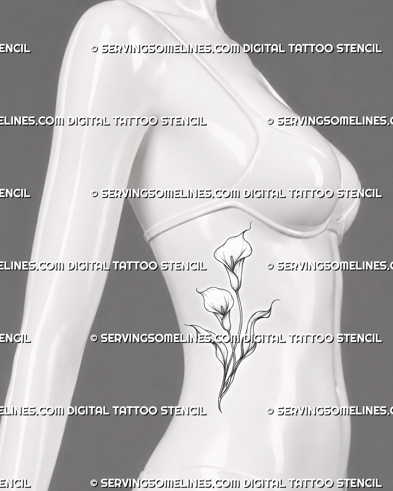 Fine line calla lily tattoo shown on women’s side ribs with two elegant blooms, long curved stems, pointed leaves, and delicate botanical shading