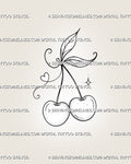 Fine line cherry tattoo stencil with twin cherries, delicate leaves, slender stems, light stippling, curling tendrils, a small heart loop, and sparkle detail