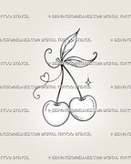 Fine line cherry tattoo stencil with twin cherries, delicate leaves, slender stems, light stippling, curling tendrils, a small heart loop, and sparkle detail